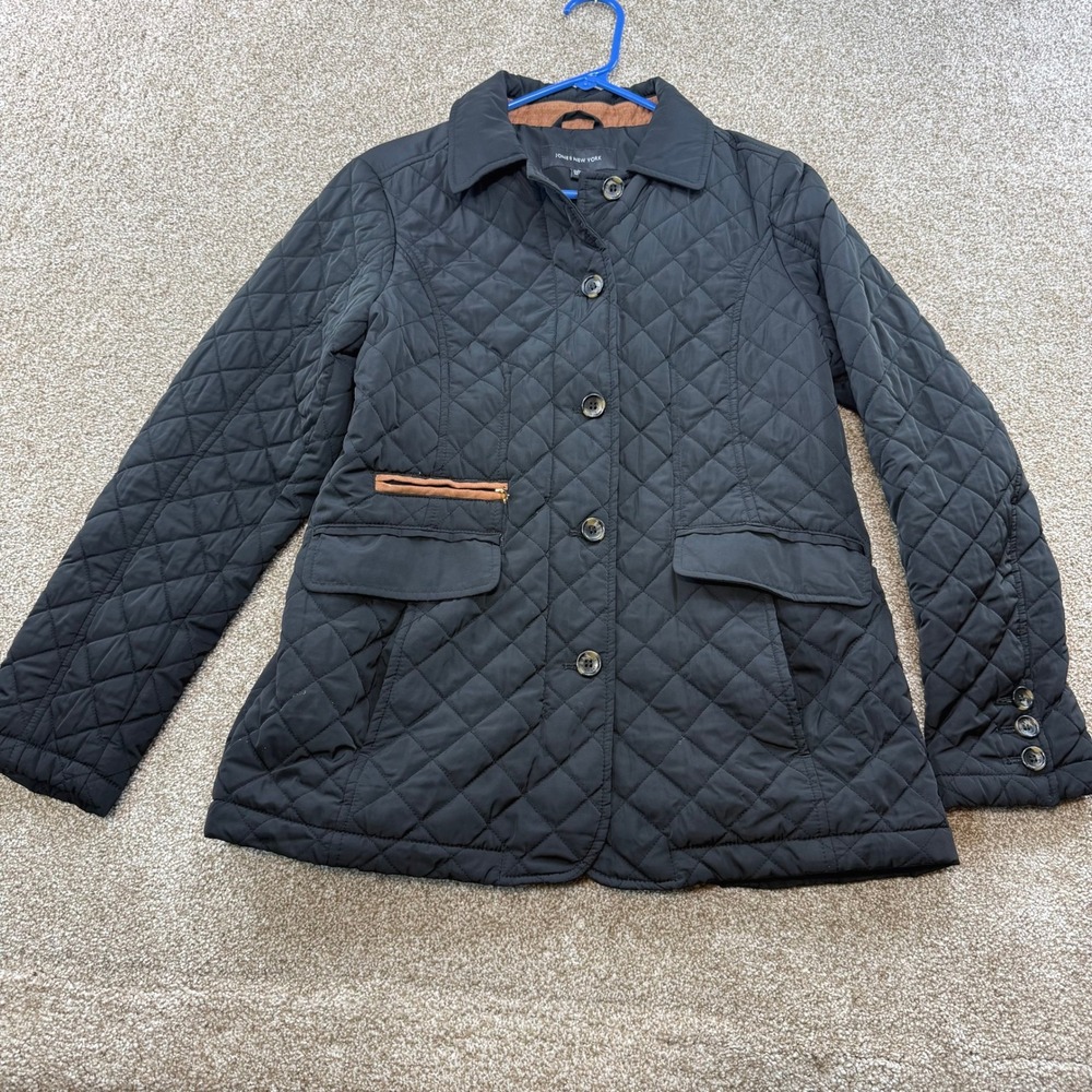 Jones New York Womens Black Quilted Barn Jacket Faux Leather Trim M Equestrian